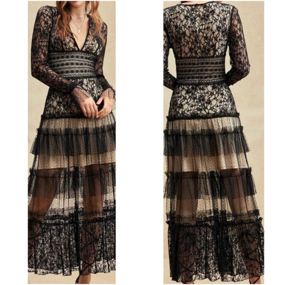 Luxe Black Floral Lace Dot Plunging Neck Party Evening Dress - Picture 1 of 5